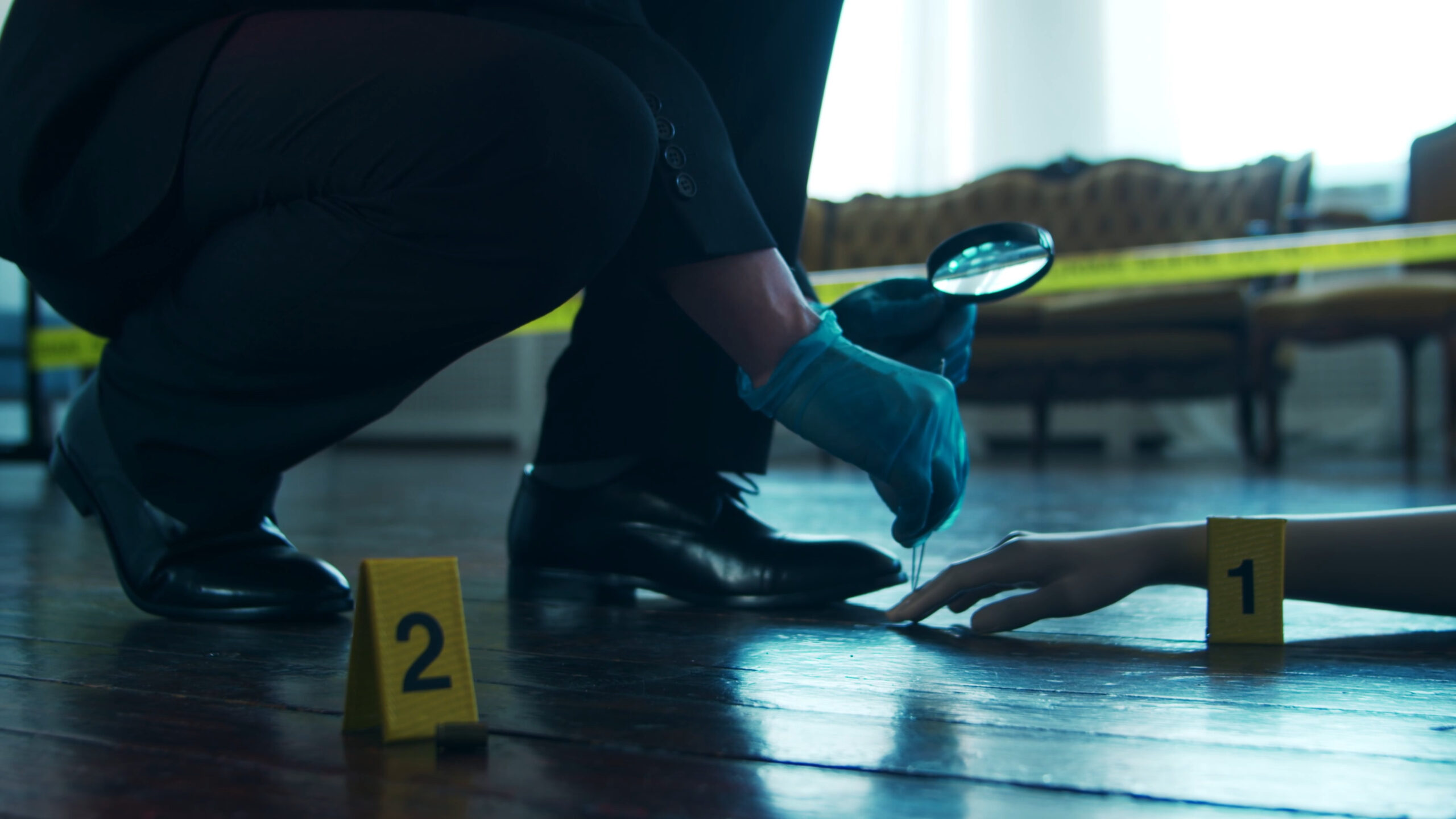 Detective Collecting Evidence in a Crime Scene. Forensic Specialists Making Expertise at Home of a Dead Person. Homicide Investigation by Professional Police Officer. Detective Collecting Evidence in a Crime Scene. Forensic Specialists Making Expertise at Home of a Dead Person. The Concept of Homicide Investigation by Professional Police Officer.